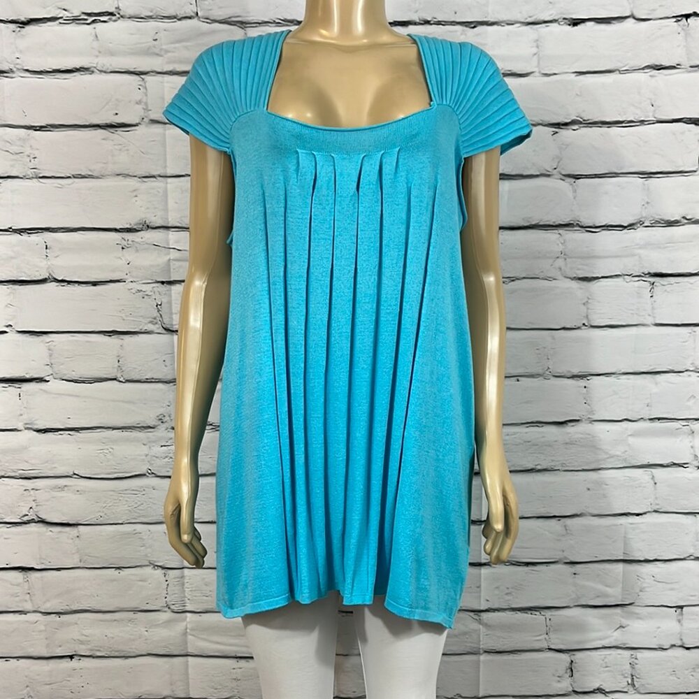 NWT Parkhurst Top Womens Aqua Blue  Pleated Cap Sleeve Lightweight